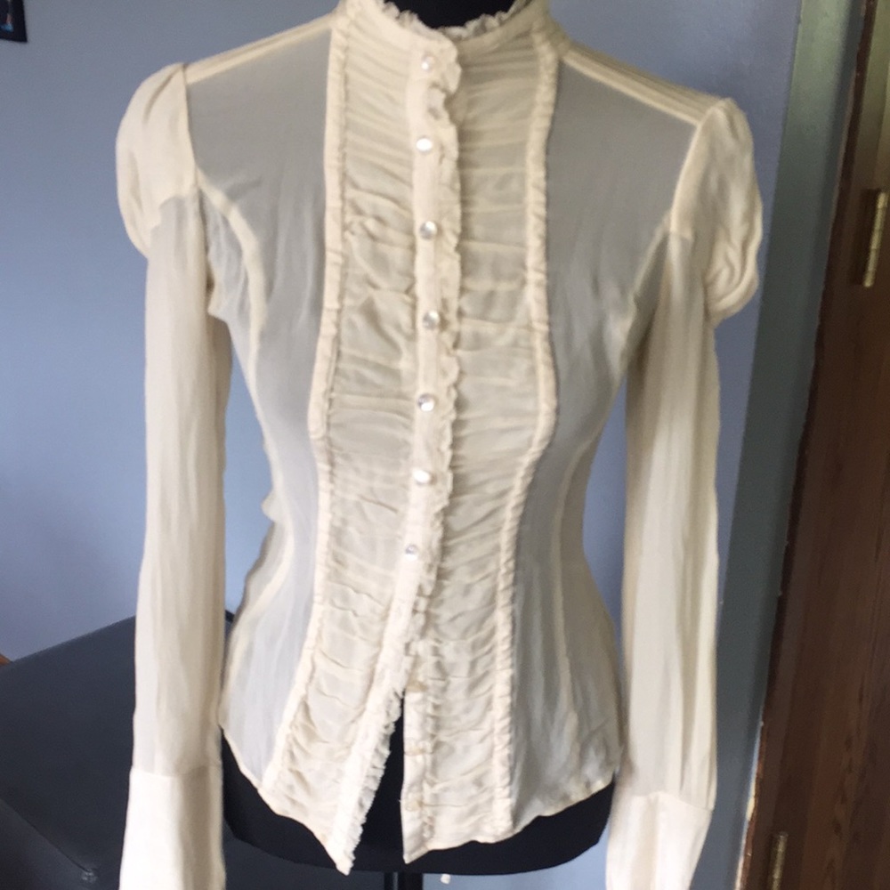 Bebe Cream Ruched Mandarin Collar Blouse